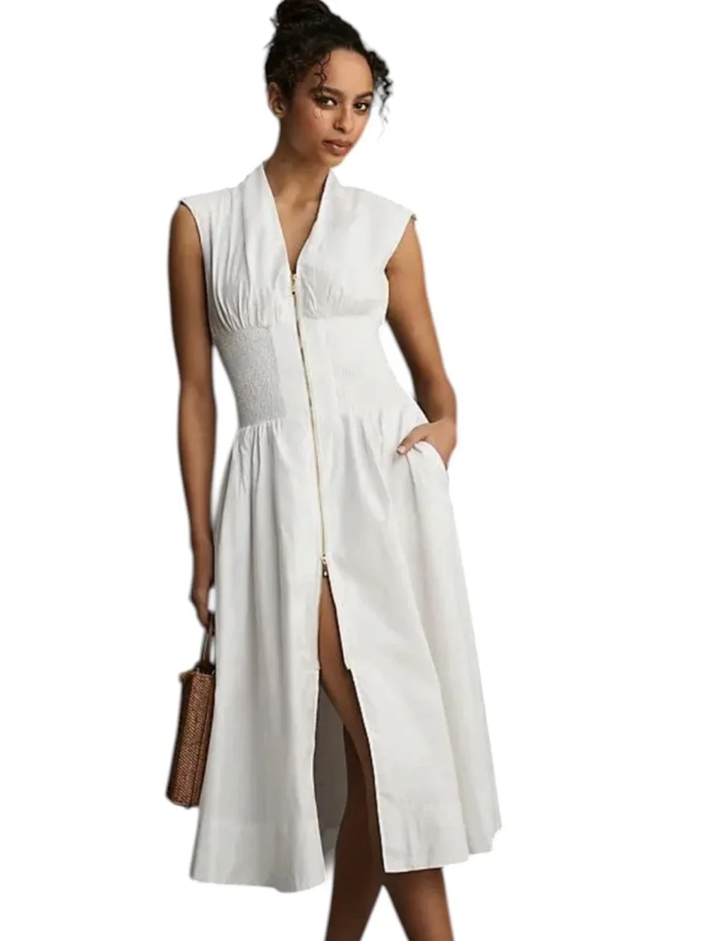 Anthropologie Cotton The Tommie Smocked Waist Front Zip Shirt Dress White Size M - Picture 13 of 13